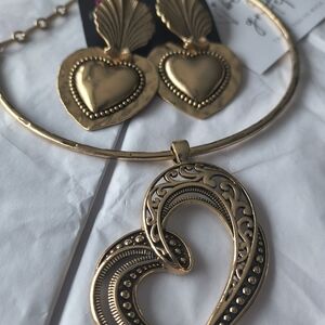 Gold Filigree Heart Pendant Necklace with Heart Earrings Coordinating Set